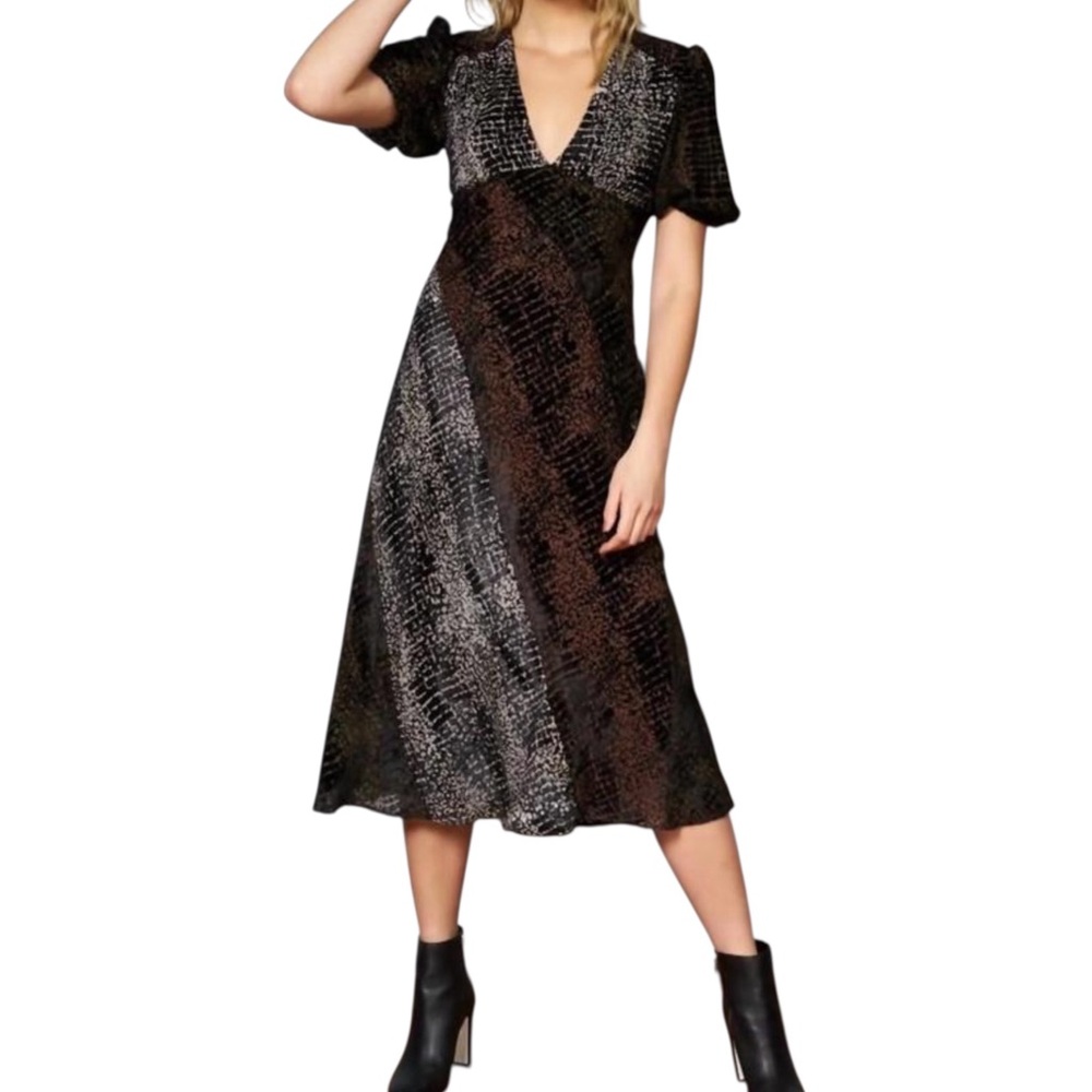 Anthropologie Hutch Arrie Puff Short Sleeve Midi Dress‎ Size 4 Velvet Burnout